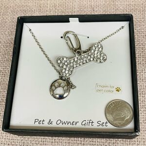 Pet and Owner Gift Set Silver Paw Necklace and Crystal Bone Collar Charm